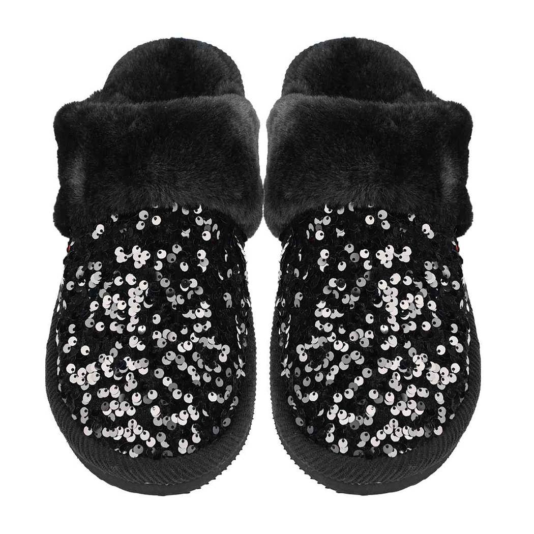 Sequin Faux Fur Home Slippers: Black