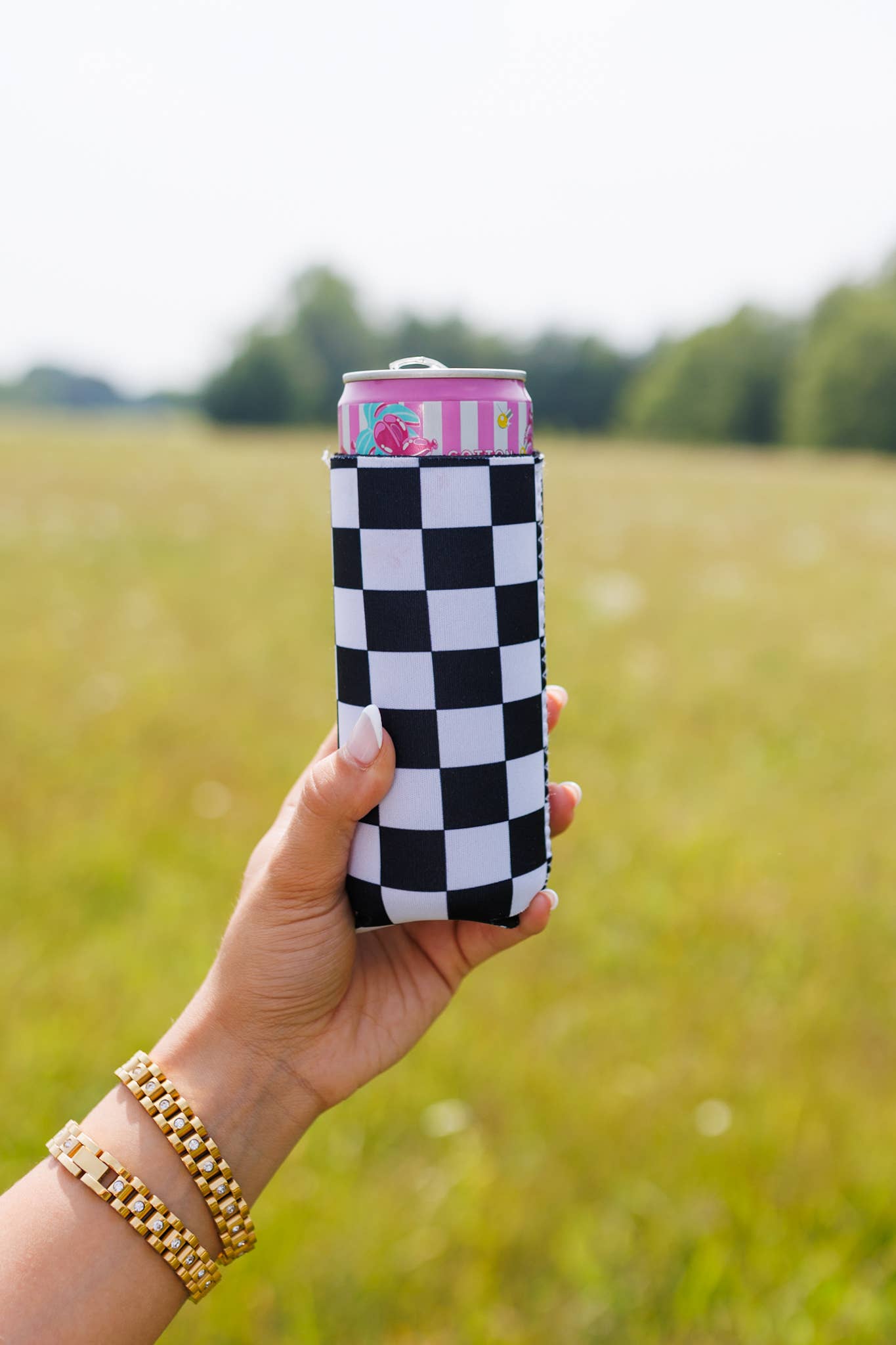 Black & White Checkerboard Slim Can Coozie 2-Pack