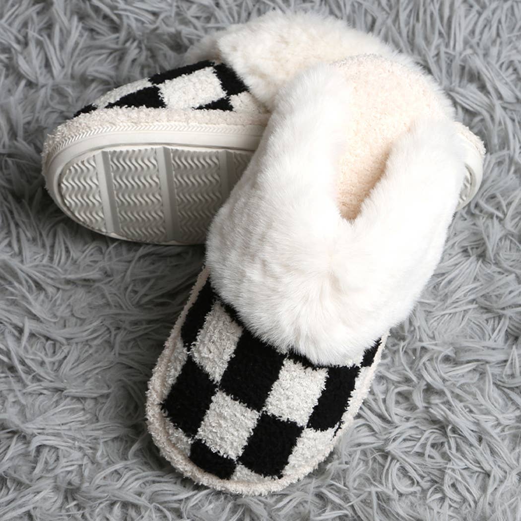 Checkered Faux Fur Cuff Mule Luxury Soft Slipper: BLACK - S/M