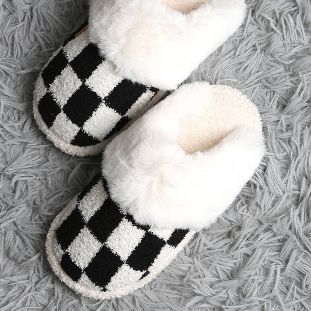 Checkered Faux Fur Cuff Mule Luxury Soft Slipper: BLACK - S/M