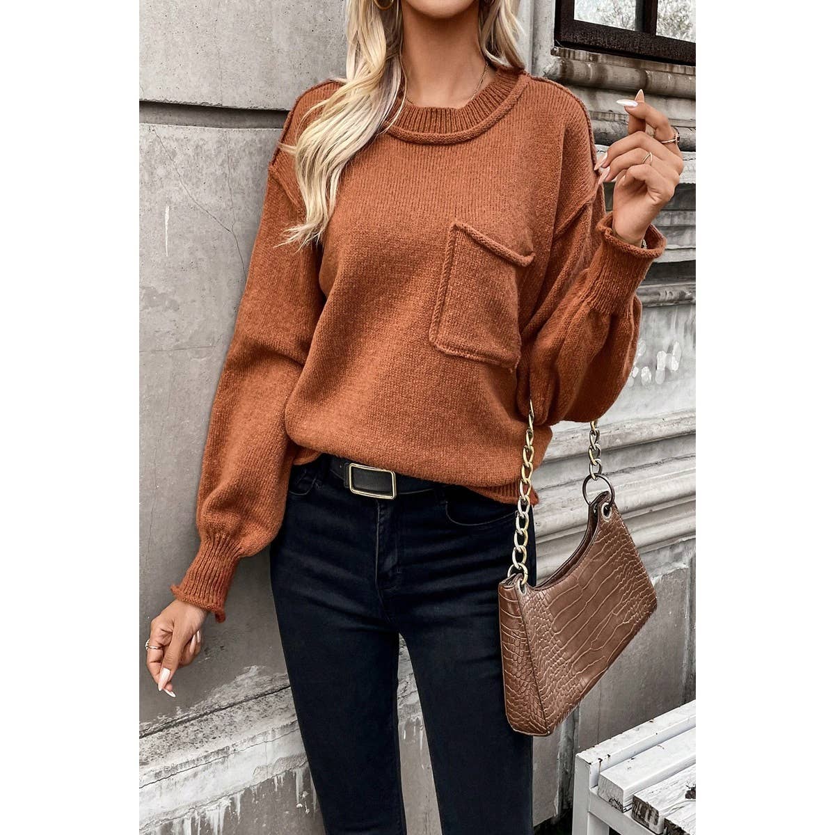 Crew Neck Drop Shoulder Long Sleeve Pocket Sweater - AshBrooke's BoutiqueCrew Neck Drop Shoulder Long Sleeve Pocket Sweater
