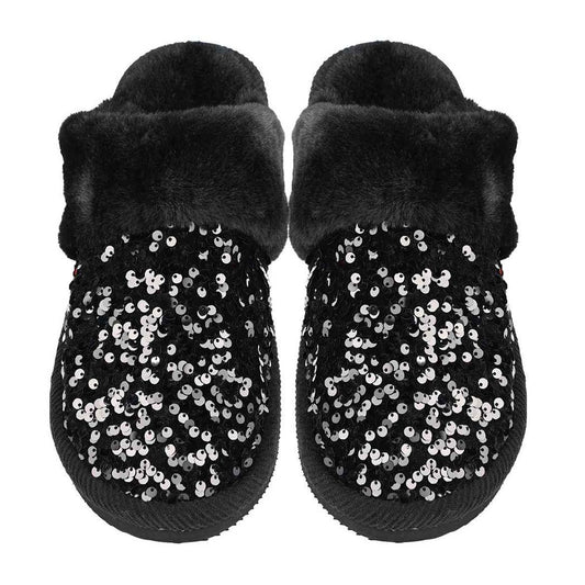 Sequin Faux Fur Home Slippers: Black