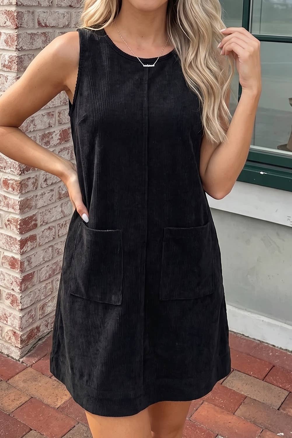 Corduroy Sleeveless Mini Dress With Patched Pockets