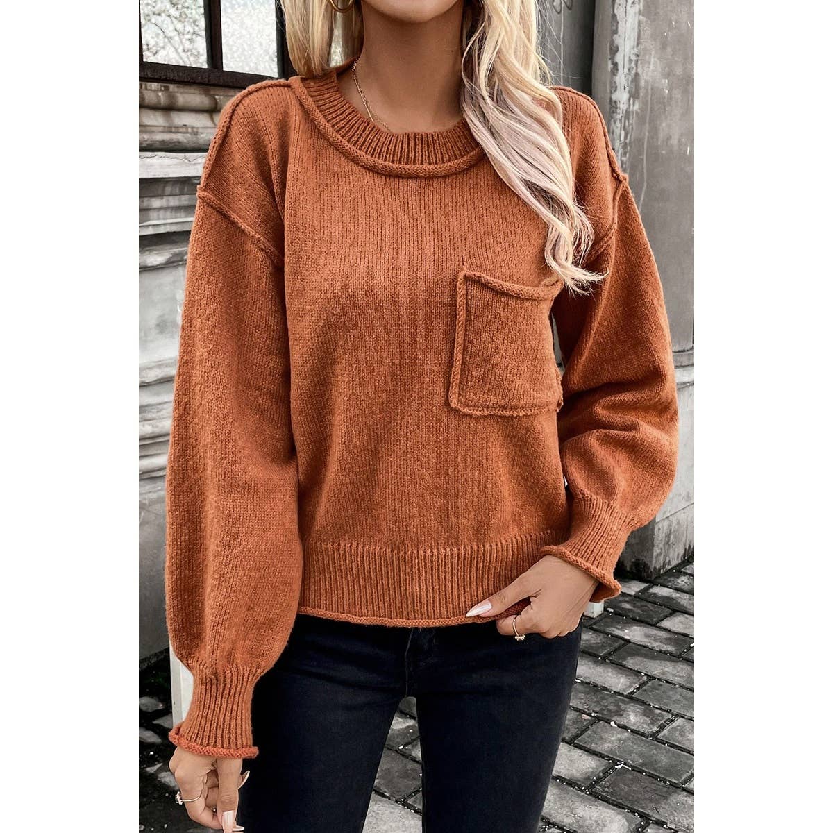 Crew Neck Drop Shoulder Long Sleeve Pocket Sweater - AshBrooke's BoutiqueCrew Neck Drop Shoulder Long Sleeve Pocket Sweater