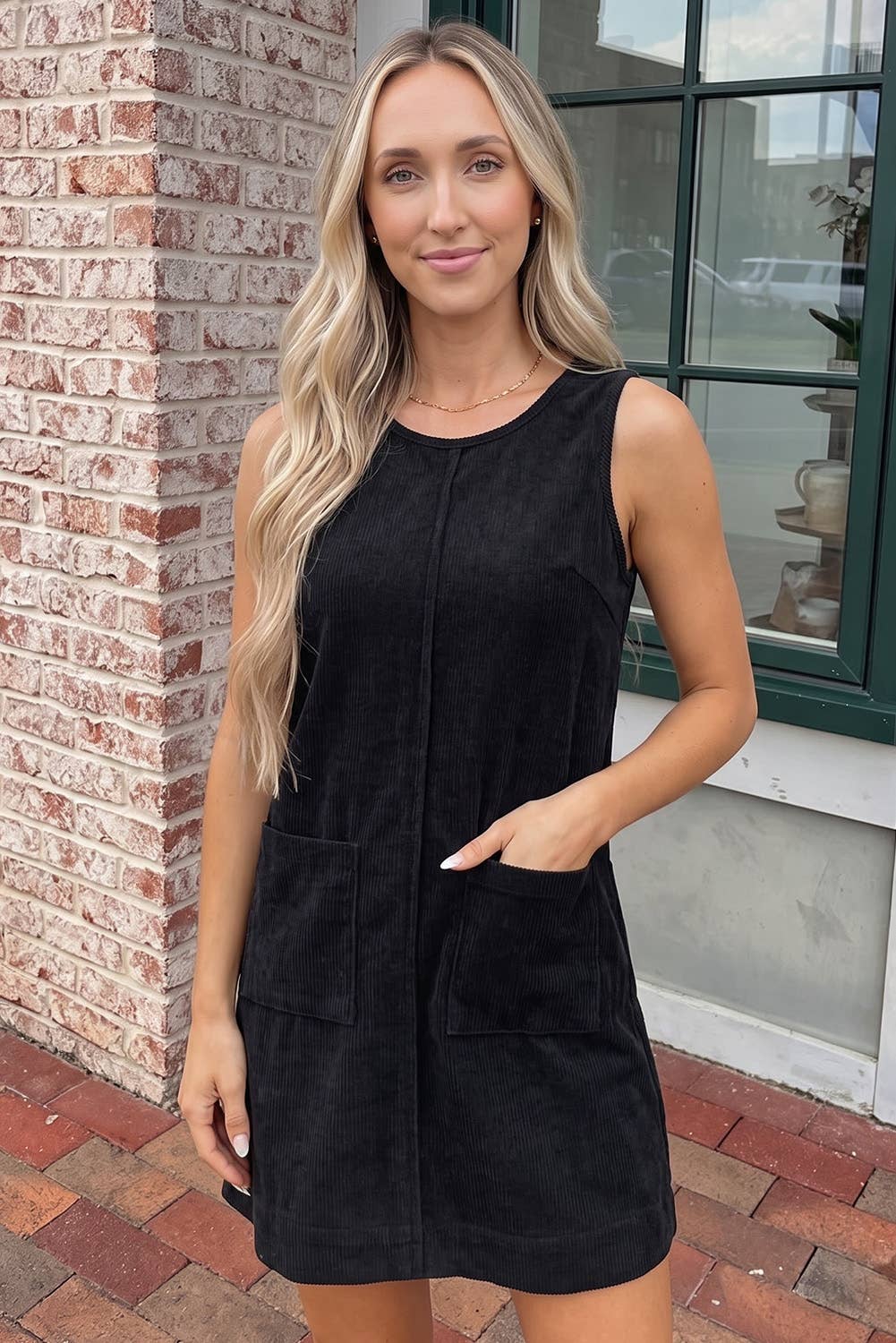 Corduroy Sleeveless Mini Dress With Patched Pockets