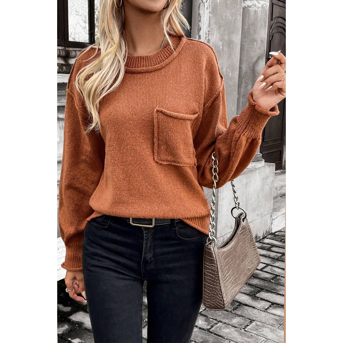 Crew Neck Drop Shoulder Long Sleeve Pocket Sweater - AshBrooke's BoutiqueCrew Neck Drop Shoulder Long Sleeve Pocket Sweater