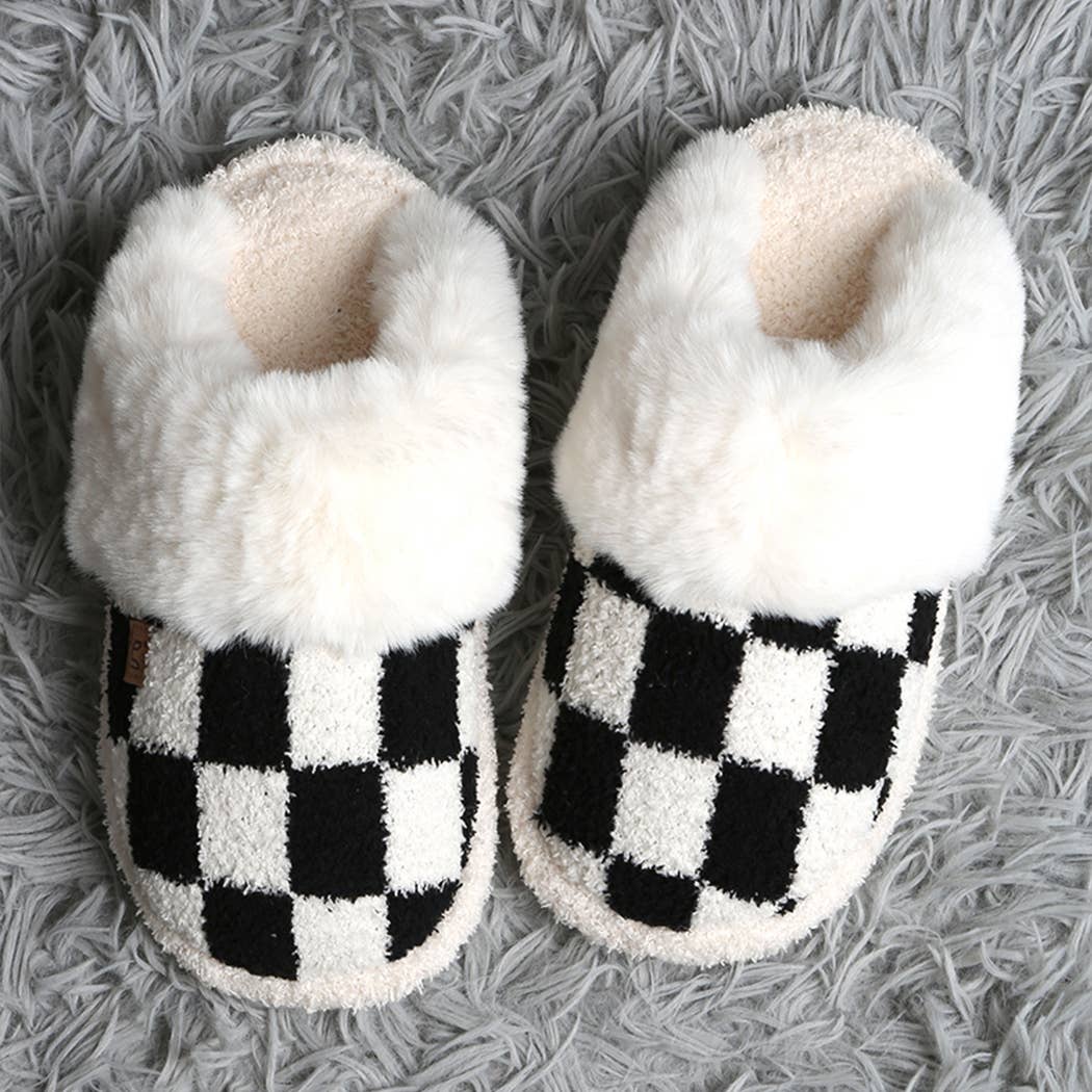 Checkered Faux Fur Cuff Mule Luxury Soft Slipper: BLACK - S/M