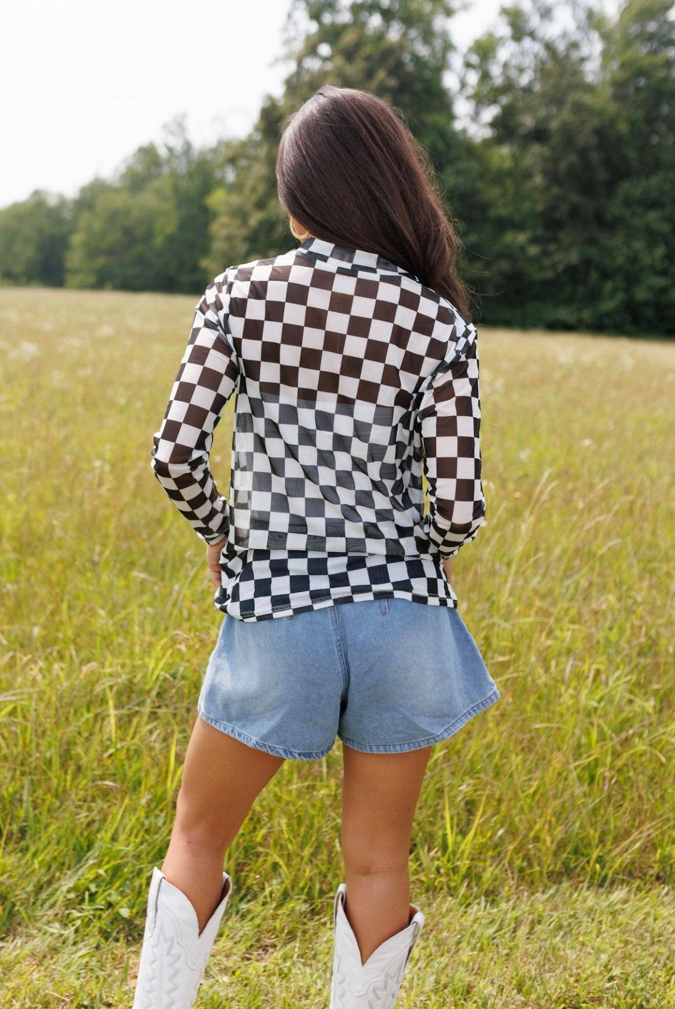 Black Checkerboard Mesh Top