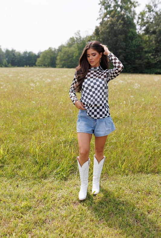 Black Checkerboard Mesh Top