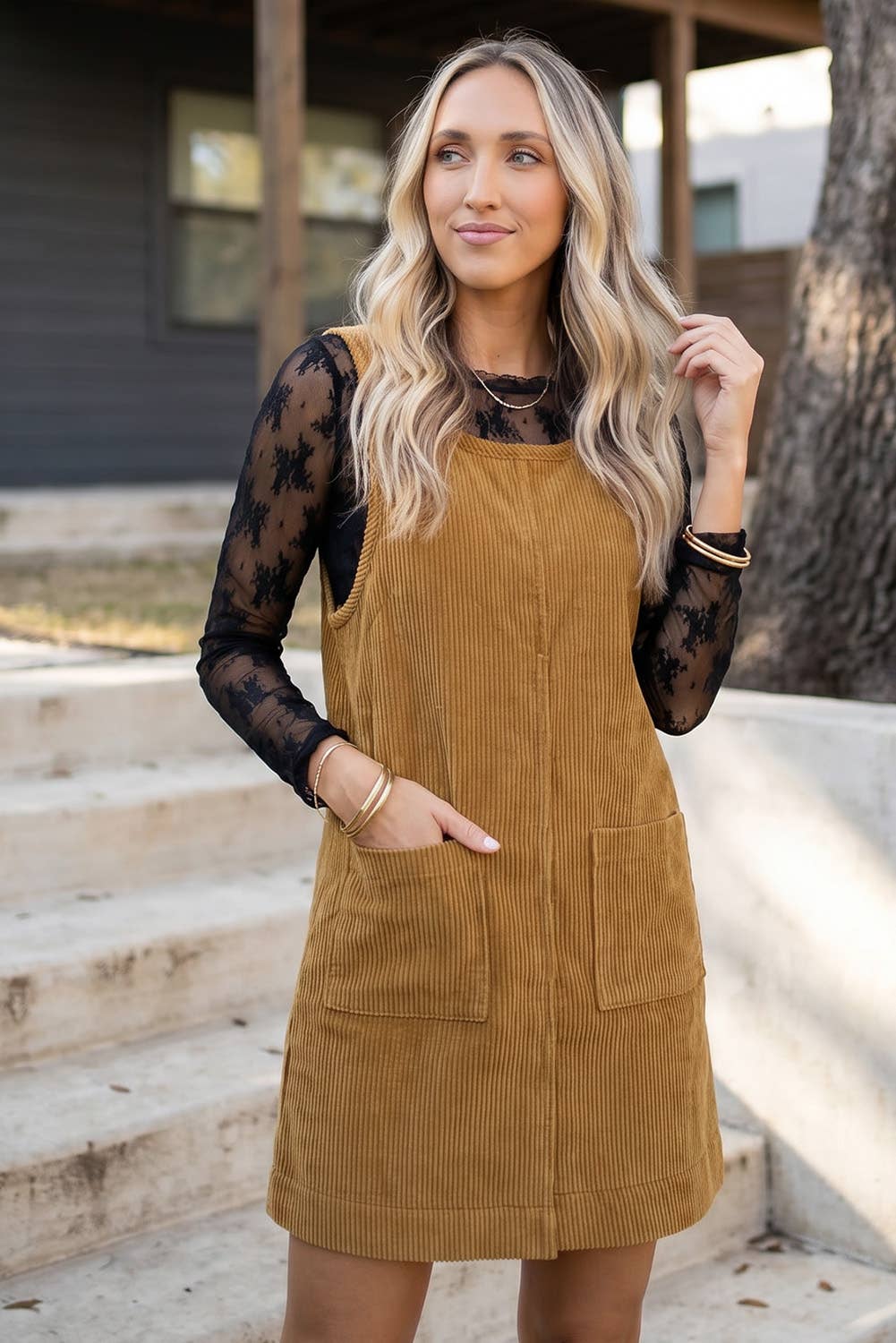 Corduroy Sleeveless Mini Dress With Patched Pockets