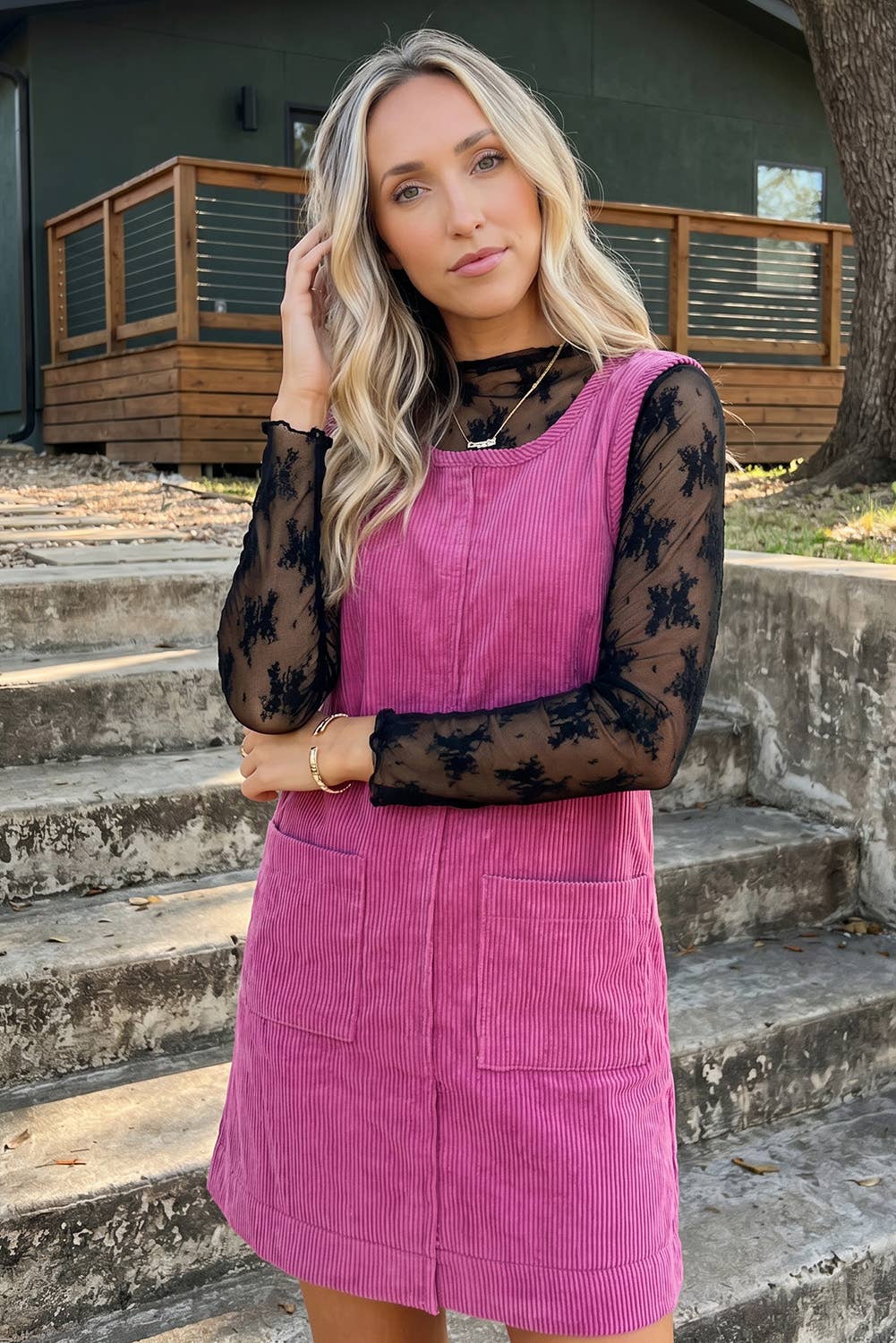 Corduroy Sleeveless Mini Dress With Patched Pockets