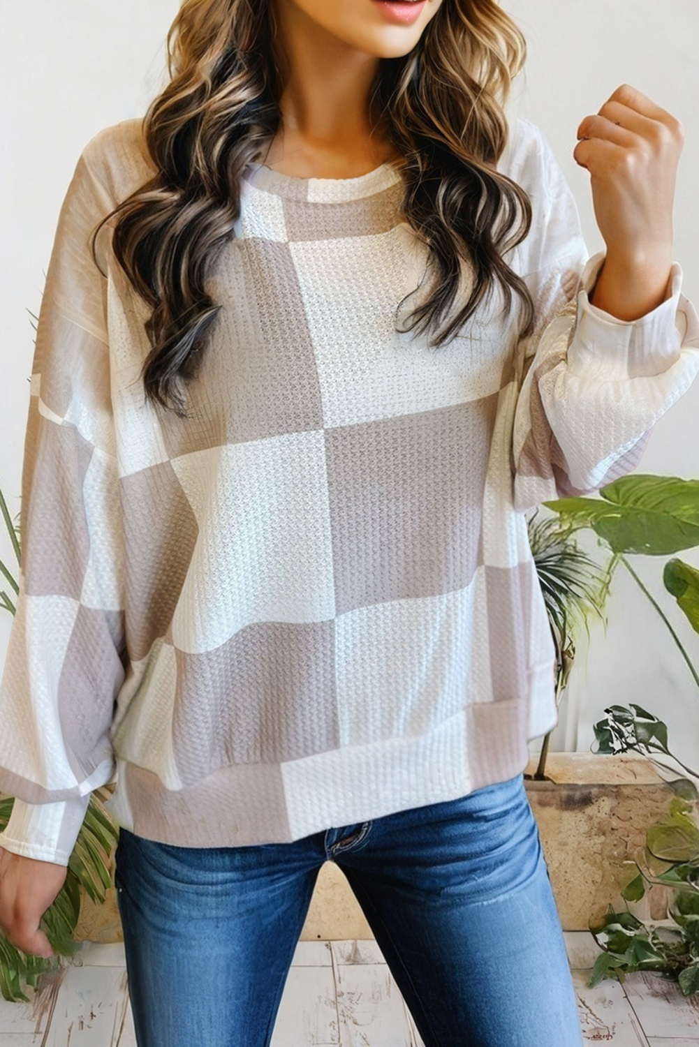 Checkered Print Breathable Textured Long Sleeve Top