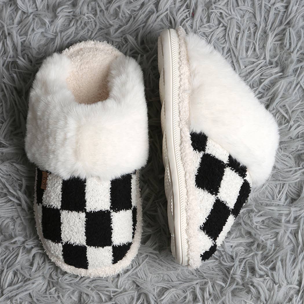 Checkered Faux Fur Cuff Mule Luxury Soft Slipper: BLACK - S/M