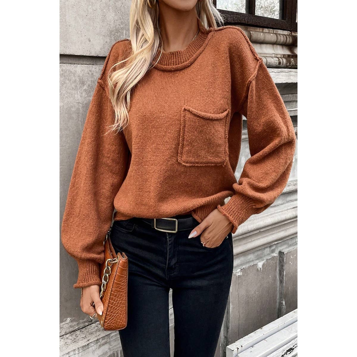 Crew Neck Drop Shoulder Long Sleeve Pocket Sweater - AshBrooke's BoutiqueCrew Neck Drop Shoulder Long Sleeve Pocket Sweater