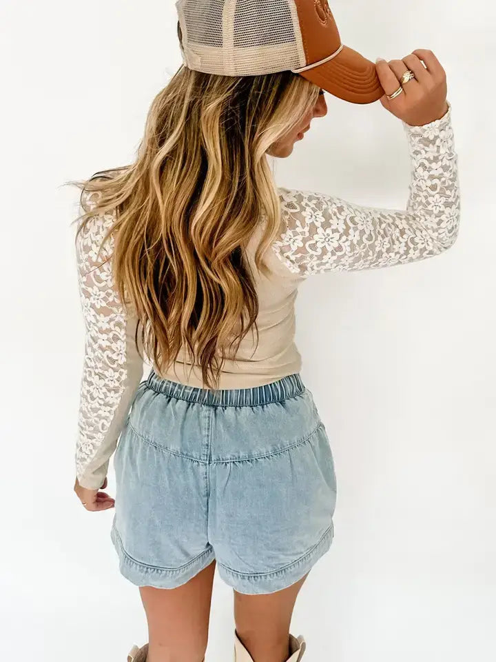 Beige Floral Lace Patchwork Long Sleeve High Neck Slim Top