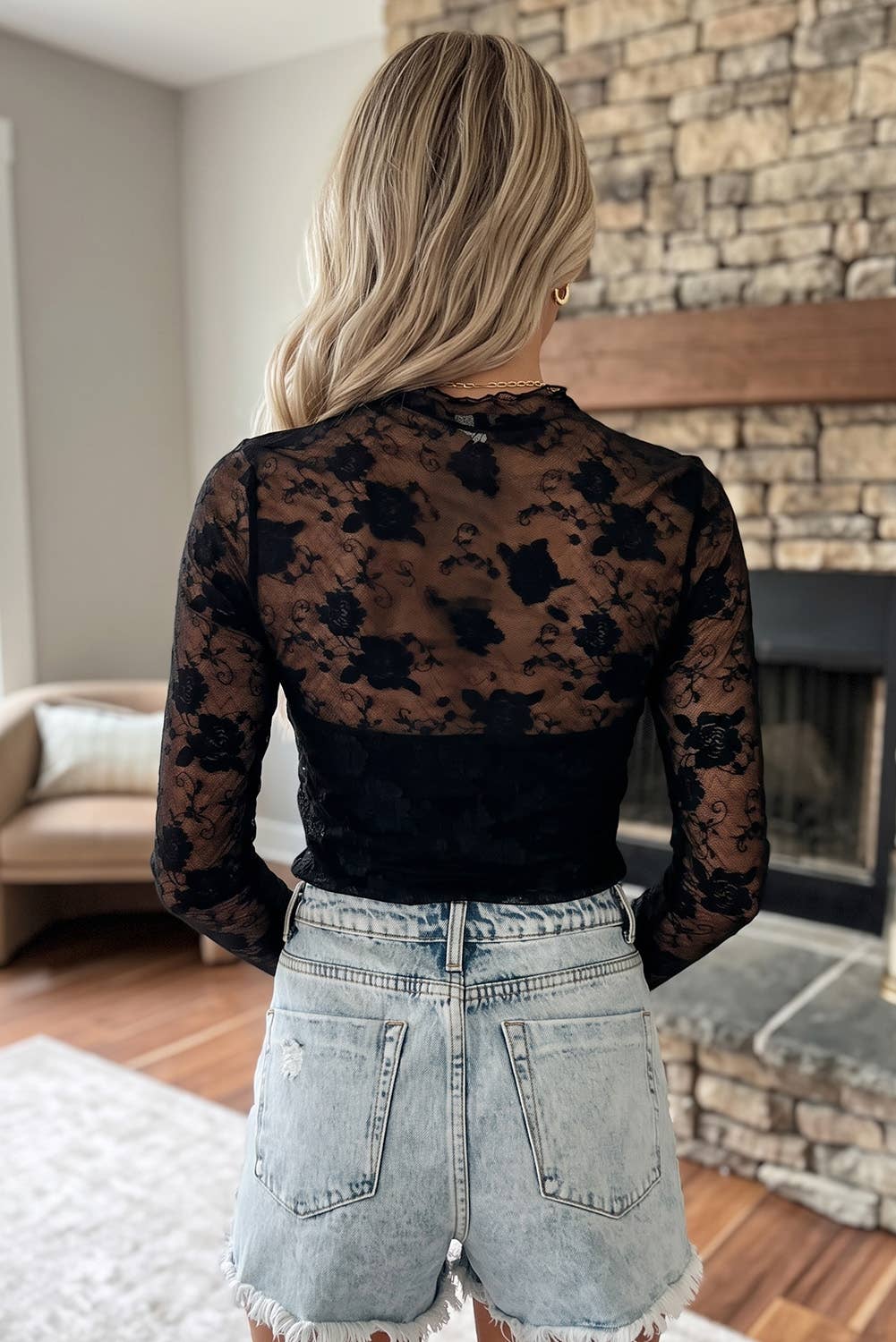 Sheer Floral Lace Mesh Mock Neck Long Sleeve Top