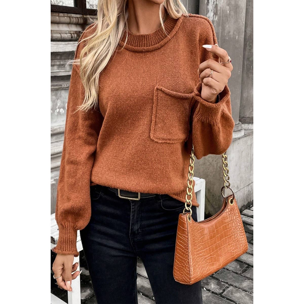 Crew Neck Drop Shoulder Long Sleeve Pocket Sweater - AshBrooke's BoutiqueCrew Neck Drop Shoulder Long Sleeve Pocket Sweater