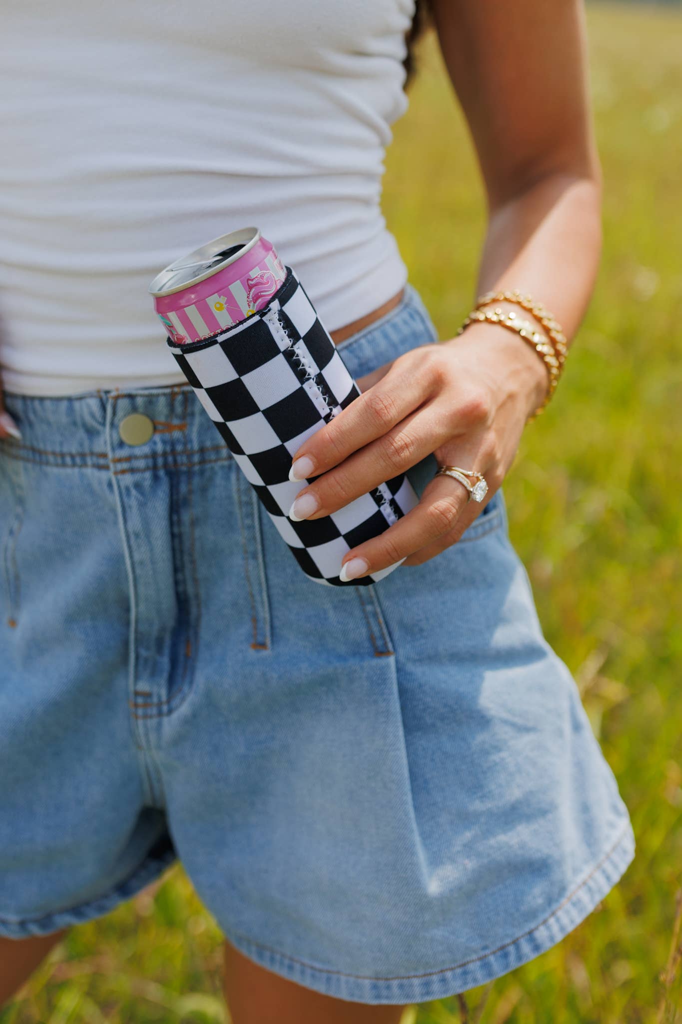Black & White Checkerboard Slim Can Coozie 2-Pack