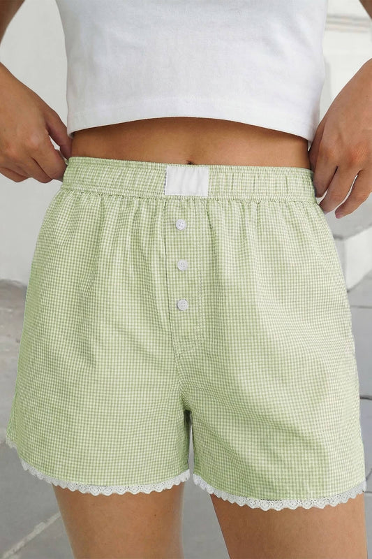Gingham Plaid Button Detail Lace Trim Boxer Shorts