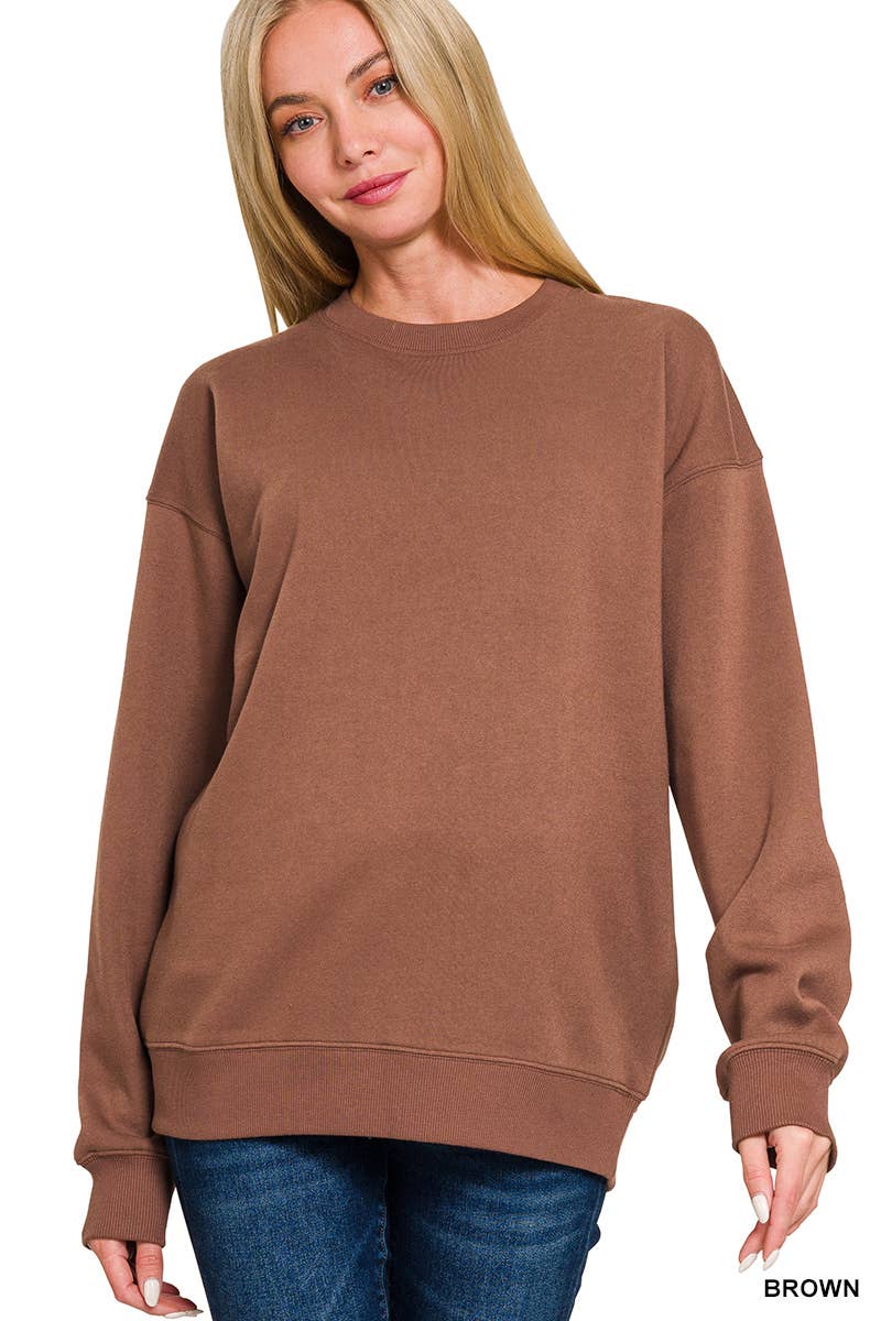 Zenana Brown Fleece Round Neck Sweatshirts