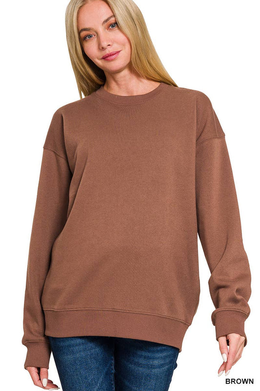 Zenana Brown Fleece Round Neck Sweatshirts