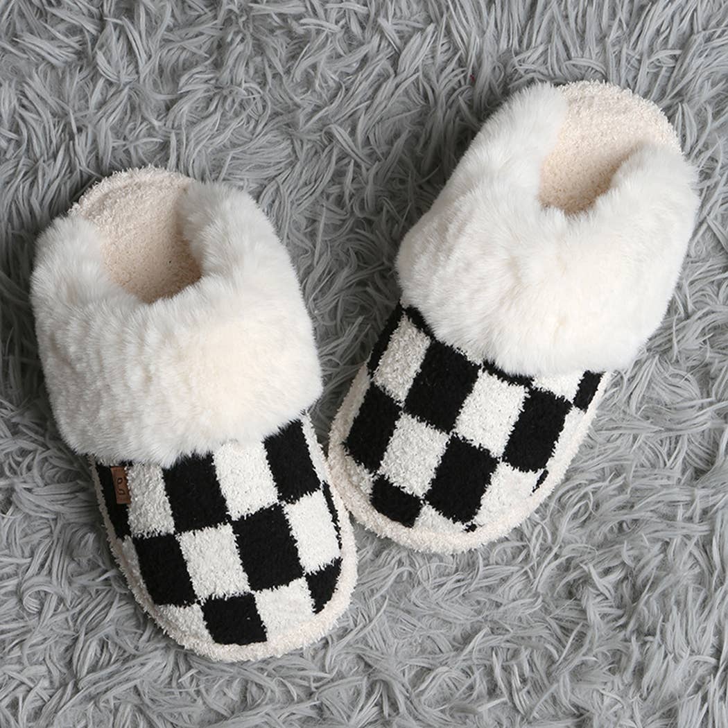 Checkered Faux Fur Cuff Mule Luxury Soft Slipper: BLACK - S/M