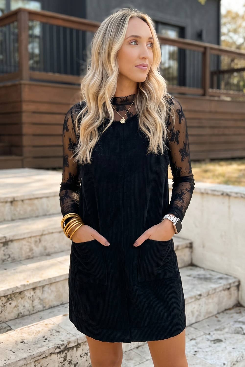 Corduroy Sleeveless Mini Dress With Patched Pockets