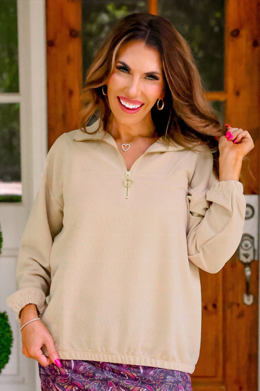 Levi Ribbed Quarter Zip Pullover- Taupe