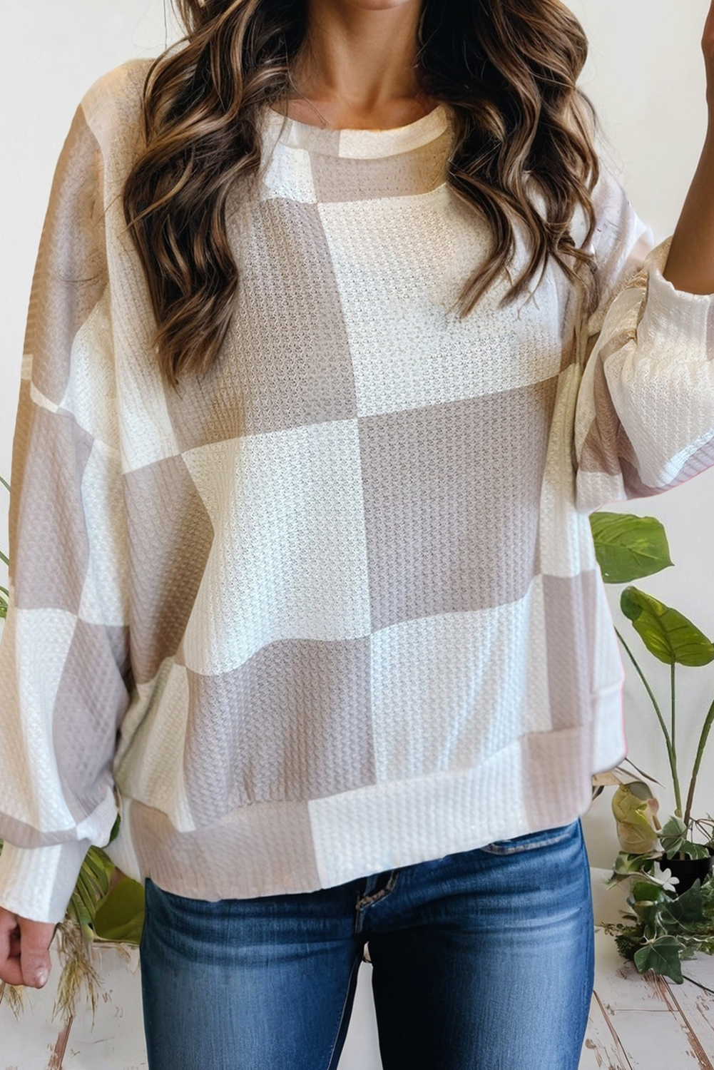 Checkered Print Breathable Textured Long Sleeve Top