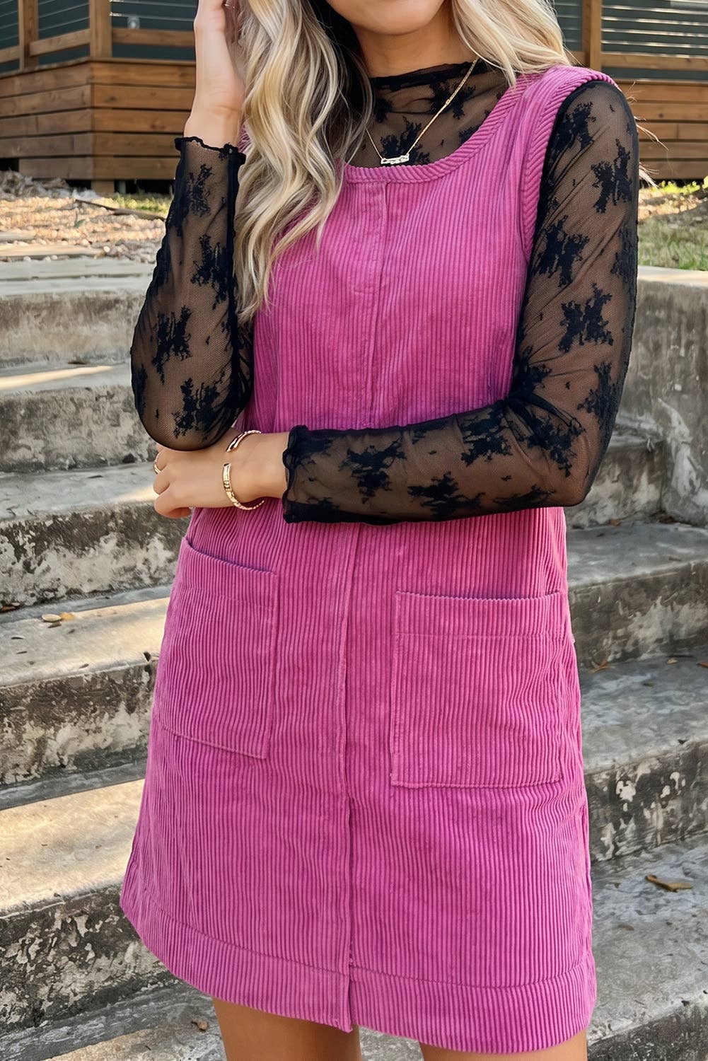 Corduroy Sleeveless Mini Dress With Patched Pockets