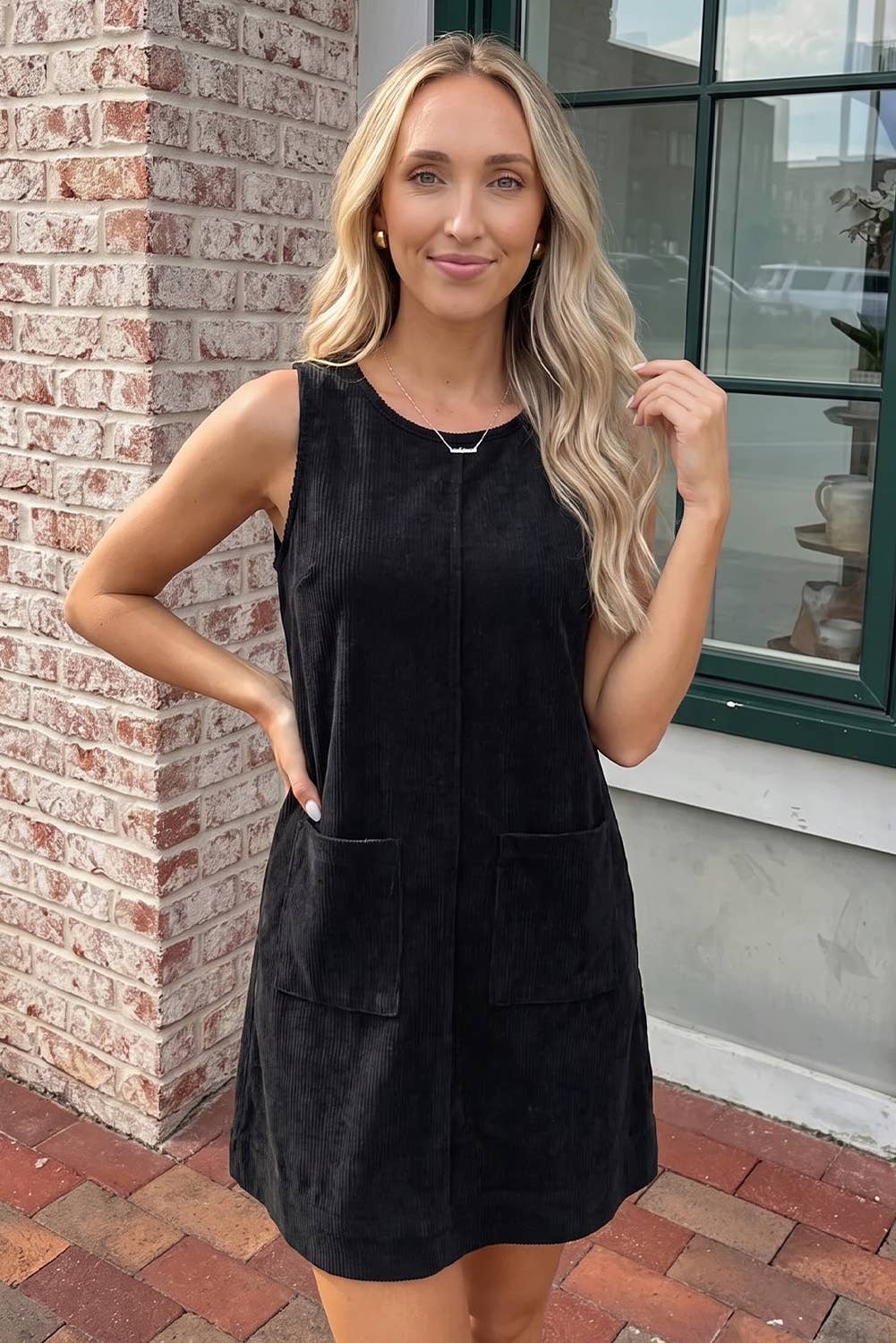 Corduroy Sleeveless Mini Dress With Patched Pockets