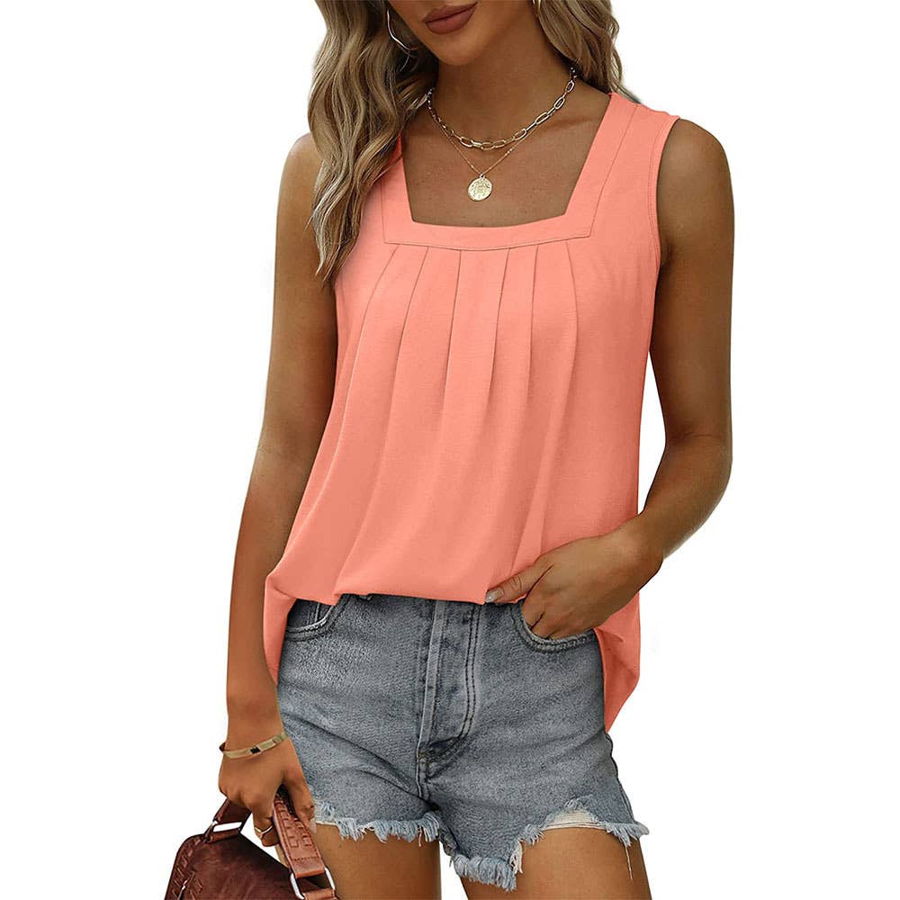 Pleated Square Neck Sleeveless High Low Casual Tank Top