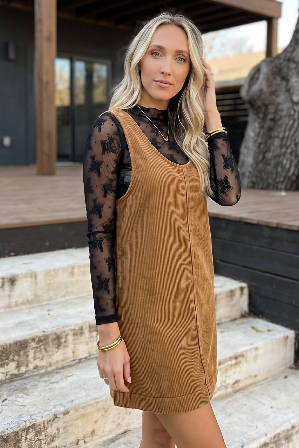 Corduroy Sleeveless Mini Dress With Patched Pockets