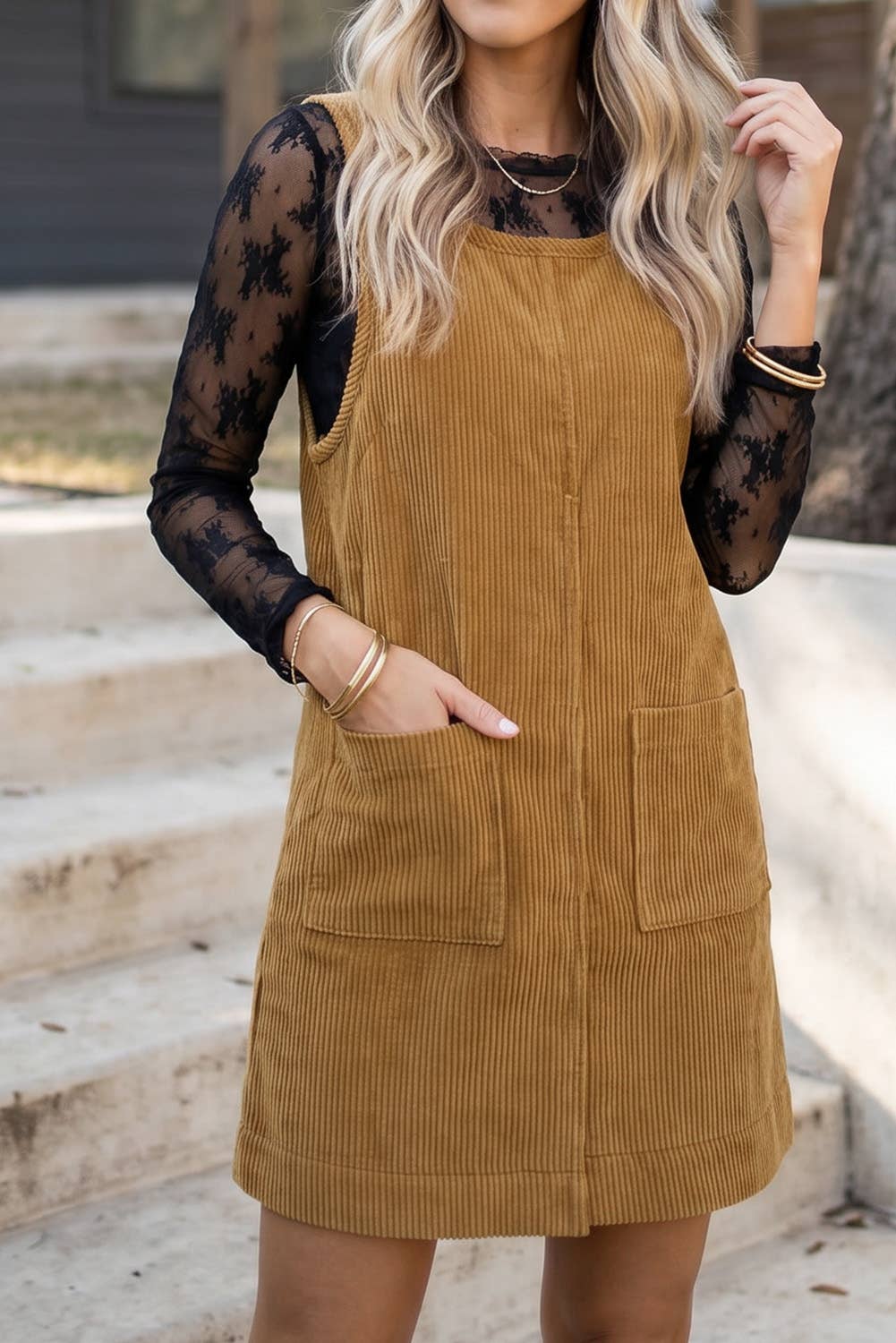 Corduroy Sleeveless Mini Dress With Patched Pockets