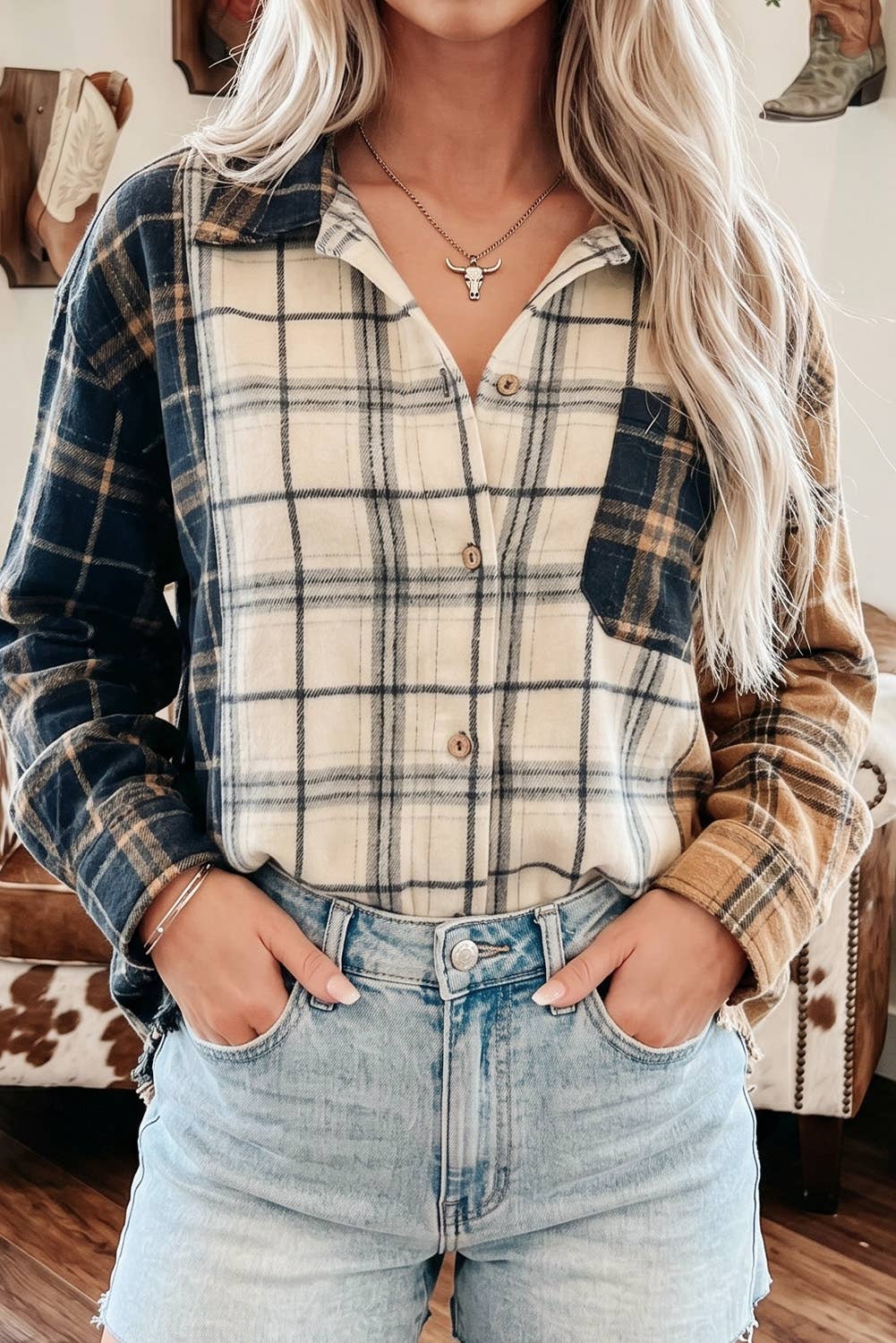 Plaid Button-Up Long Sleeve Shift Silhouette Shacket