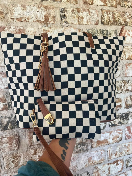 Checkered Tote Bag with Wristlet