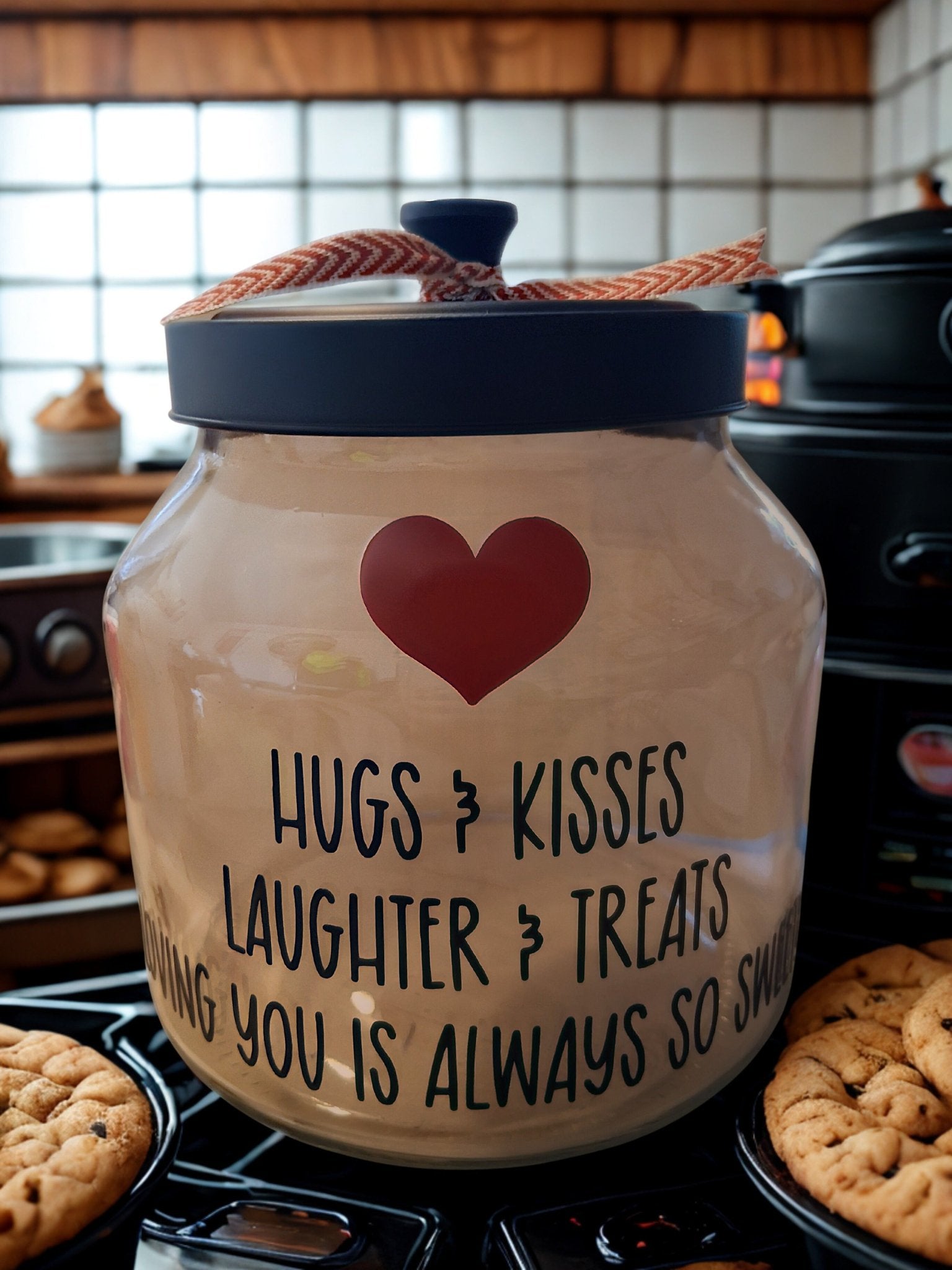 "Hugs & Kisses Laughter & Treats Loving You Is Always So Sweet!" Handmade Cookie Jar with Red Heart - AshBrooke's Boutique"Hugs & Kisses Laughter & Treats Loving You Is Always So Sweet!" Handmade Cookie Jar with Red Heart
