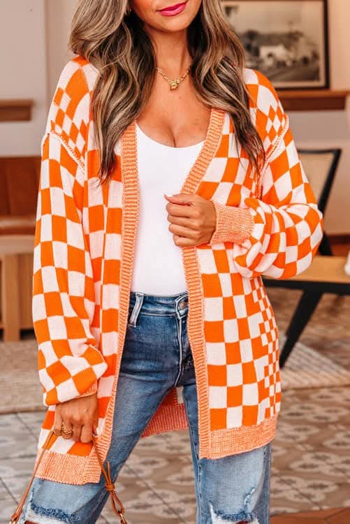 Orange & White Checkered Cardigan